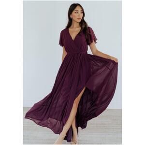 Baltic Born Kristina Eggplant Purple Burgundy Tie Waist Maxi Dress Gown Small